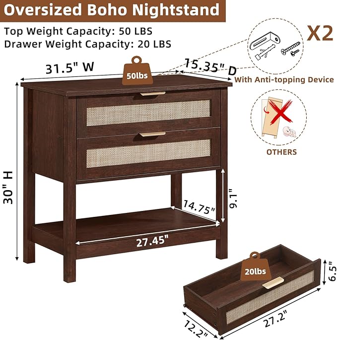 LEYAOYAO 31.5" Wide Rattan Night Stand, Oversized Large Walnut Nightstand - Image 2