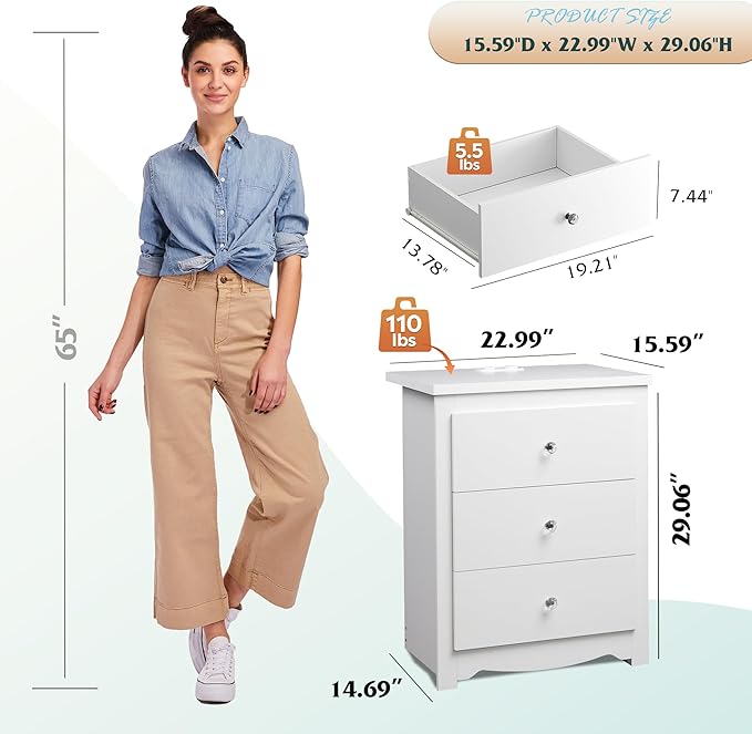WLIVE White Nightstand with Charging Station, Wood Night Stand with 3 Drawers - Image 3