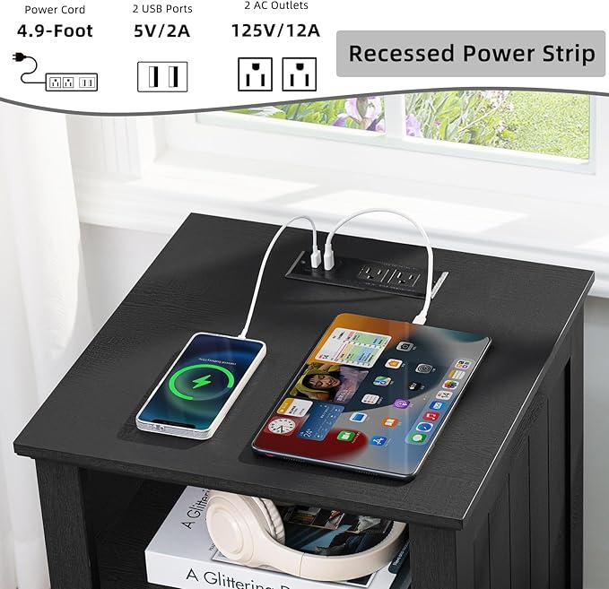 18" Night Stands Set of 2 with Charging Station, Farmhouse 2 Drawers End Table - Image 7