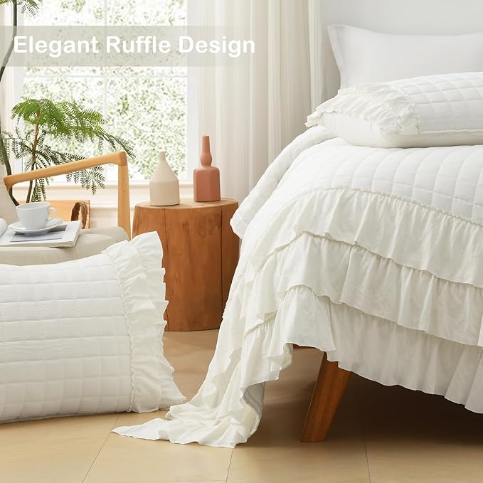 HORIMOTE HOME Ivory Ruffled Quilt Set Twin Size, Classic Geometric Square - Image 5