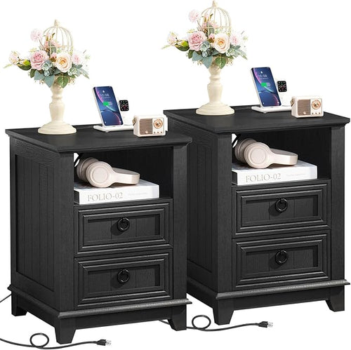 18" Night Stands Set of 2 with Charging Station, Farmhouse 2 Drawers End Table by Joaxswe