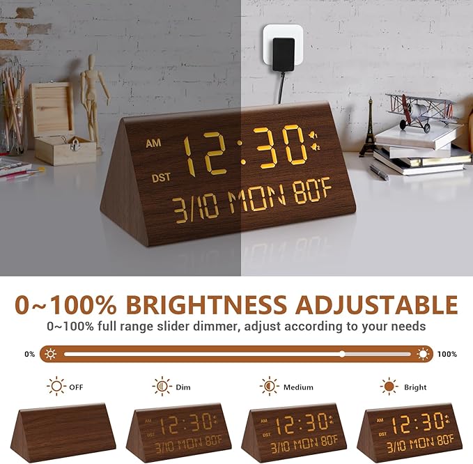 Kogonee Wooden Digital Alarm Clock, 0-100% Dimmer, 2 Alarm Settings, - Image 3