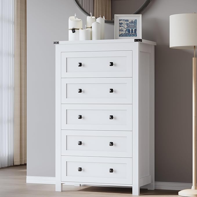 Tall 5-Drawer Dresser, Modern Wooden Storage Chest of Drawers, Dresser TV Stand by BORNOON