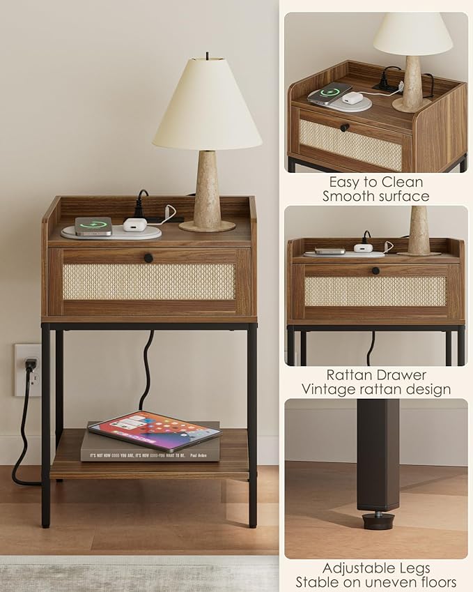 Masupu Nightstand with Charging Station, Modern Bedside Table Night Stand with - Image 5