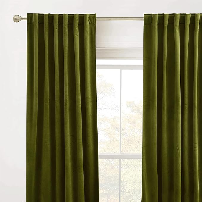 RYB HOME Moss Green Green Velvet Curtains 72 inches Length - Image 2