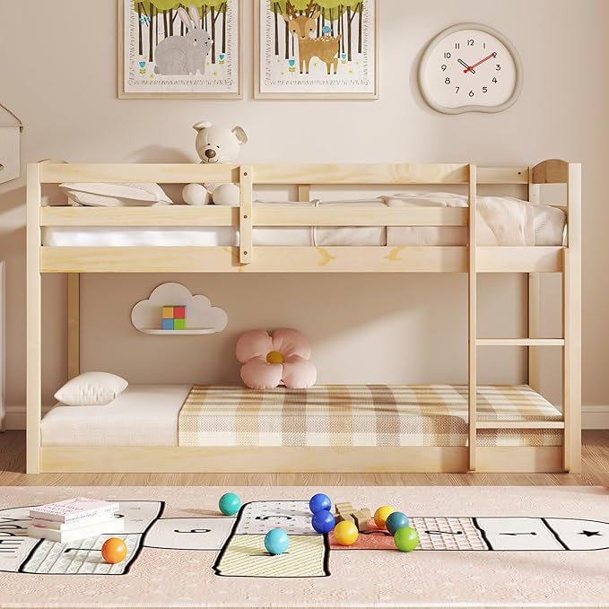 KOMFOTT Low Bunk Bed Twin Over Twin, Solid Wood Twin Bed Frame - Image 4