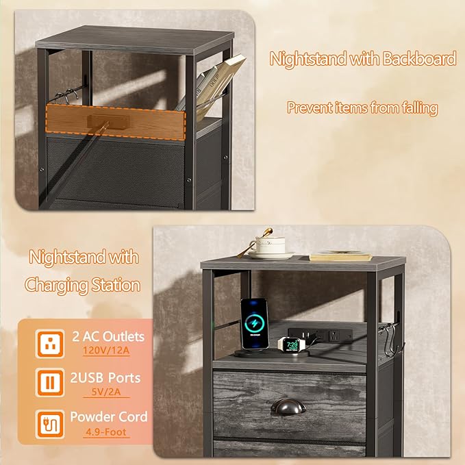 Furologee Nightstand with Charging Station, Night Stand with 2 Fabric Drawers - Image 5