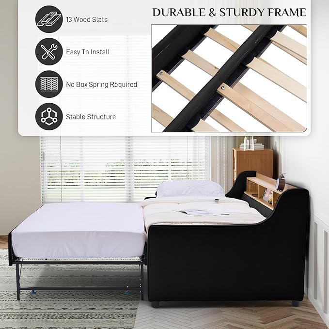 Twin Size Daybed with Pop Up Trundle Bed, Linen Fabric Upholstered Day Bed - Image 6