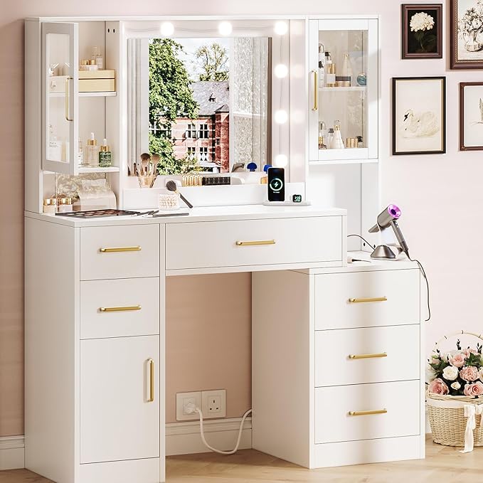 51" Vanity Desk with Mirror and Lights & Charging Station, Bedroom Dressing - Image 8