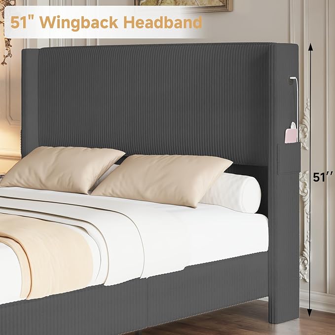 King Size Bed Frame with Headboard, Upholstered Platform Bed with Tall Wingback - Image 4