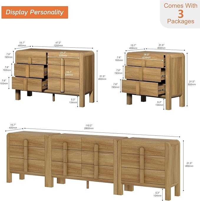 WAMPAT 3 Piece Bedroom Dresser Set, 110.2" Wide 12 Drawers Wood Dresser - Image 2
