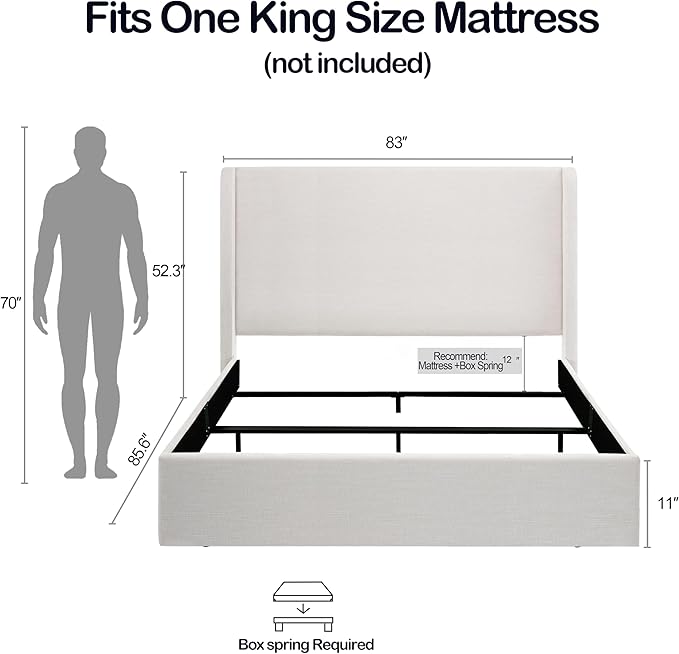 Upholstered Bed Frame King Size, 52.3" High Headboard Platform Beds Caron Tall - Image 2