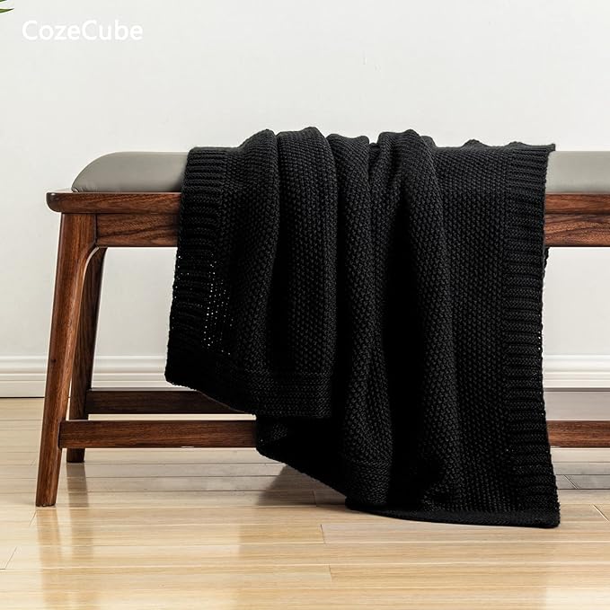 CozeCube Black Throw Blanket for Couch, Soft Cozy Cable Knit Throw for Bed Sofa - Image 4