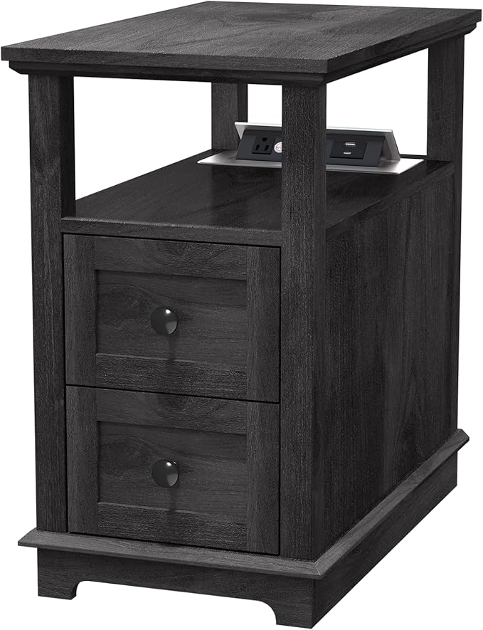 HIFYOBRO Narrow End Table with Flip Top Charging Station and 2 Drawers by HIFYOBROUS