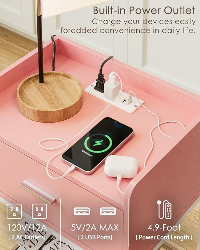 Masupu Nightstand with Charging Station, 3-Tier Modern Bedside Night Stand with - Image 6