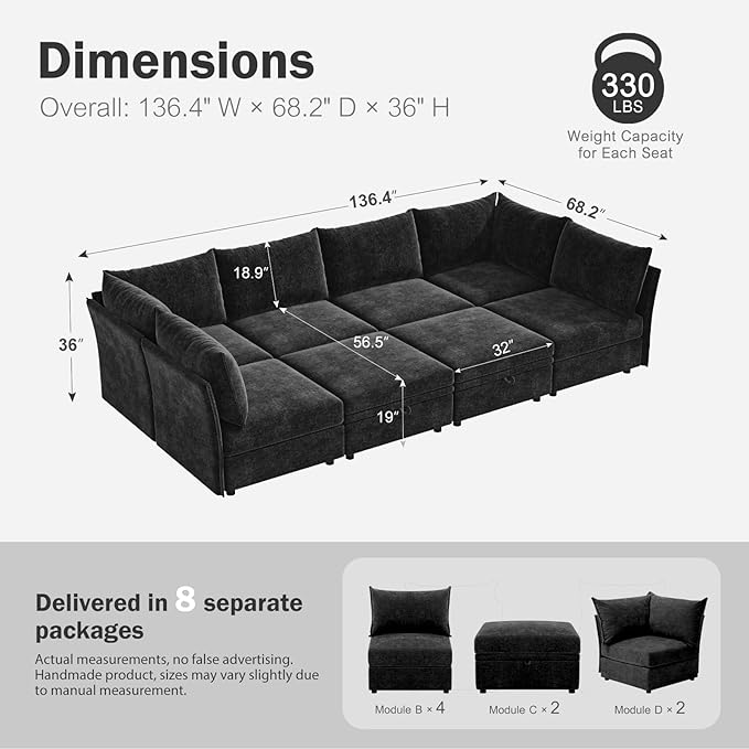 ABCASA 136.4" Oversized Modular Sectional Sleeper Sofa Bed, U Shaped - Image 2