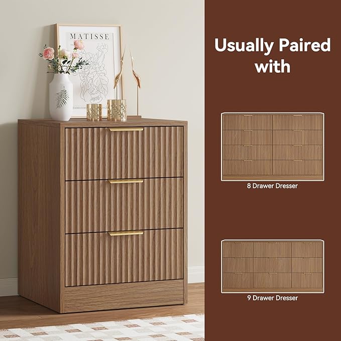 8 Drawer Dresser & 3 Drawer Nightstand Set 3-Piece, Tall Fluted Dresser and - Image 5