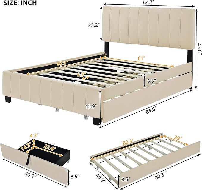 Queen Bed Frame with Trundle Bed, Velvet Upholstered Platform Bed Frame with - Image 2
