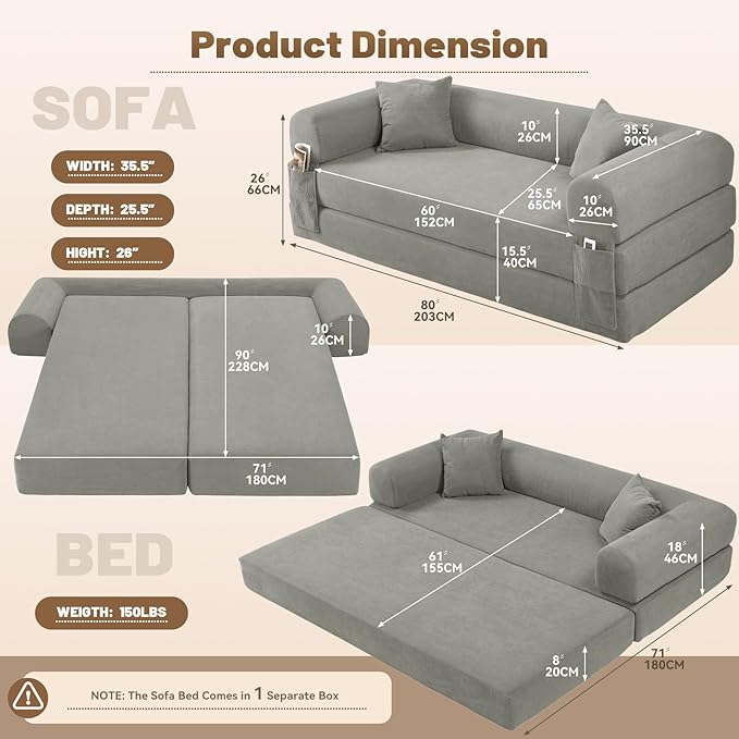 Convertible Futon Sofa Bed, Queen Sleeper Sofa Bed, Compressed Couch in a Box - Image 2