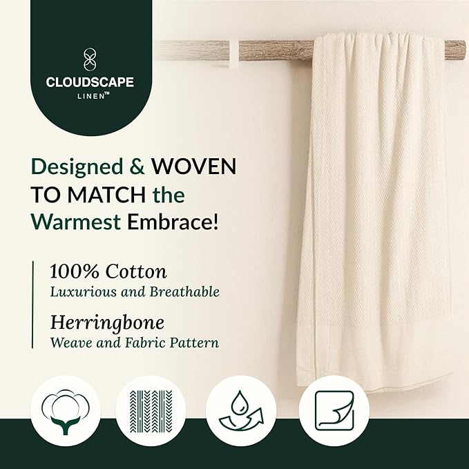 Cloud Scape Linen 100% Cotton Blanket King 92x108 Ivory - Image 2