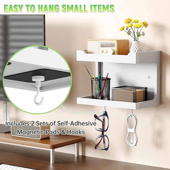 NiHome Large Wall Mounted Wooden Bedside Organizer, Double Storage Shelves & - Image 4