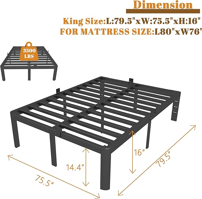 King Size Bed Frame 16 Inch Black, Metal King Bed Frame - Image 2