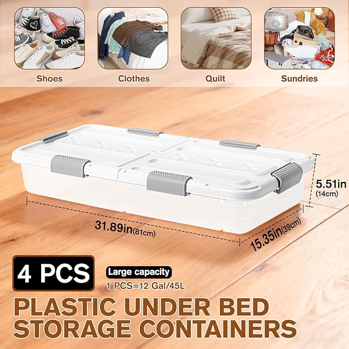 4 PCS*49 Qt Wheeled Latching Under Bed Storage, Double Opening Lids Stackable - Image 2