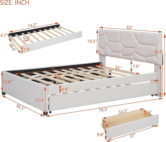 Full Size Bed Frame with Twin Size Trundle and 2 Storage Drawers, Linen - Image 2