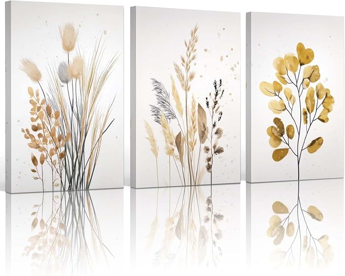 YCJKJDZ Beige Botanical Wrapped Canvas Wall Art Set of 3, Boho Watercolor by Unknown
