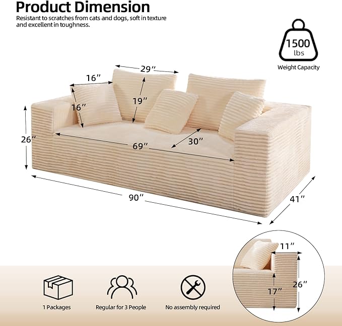 Boneless Cloud Couch Sofa, 3 Seater Deep Seat Modern Lounge Sleeper Couch - Image 3