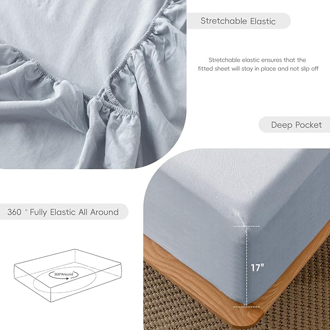 MooMee Fitted Bottom Sheet Only 100% Washed Cotton Linen Like Textured - Image 6