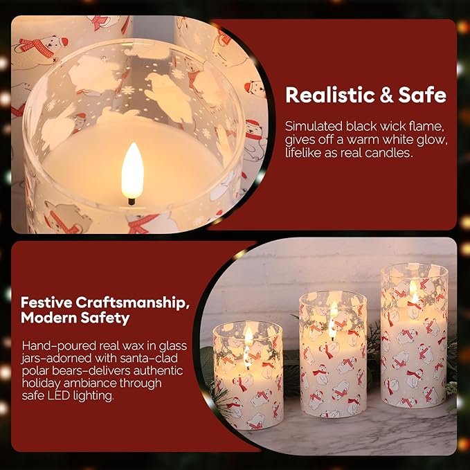 Eywamage Christmas Glass Flameless Pillar Candles - Image 2
