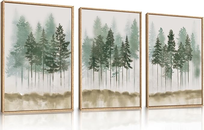 LHIUEM Foggy Pine Tree Framed Canvas Wall Art, Abstract Green Forest Wall Decor by LHIUEM