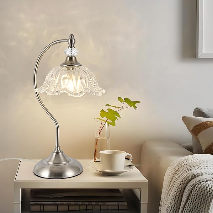 Brushed Nickel Table Lamp with a Floral Clear Glass Shade, A Plug-in Nightstand - Image 9