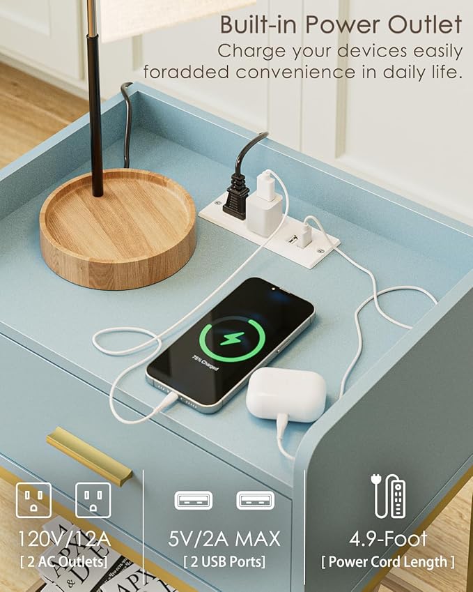 Masupu Nightstand with Charging Station, 3-Tier Modern Bedside Night Stand with - Image 6