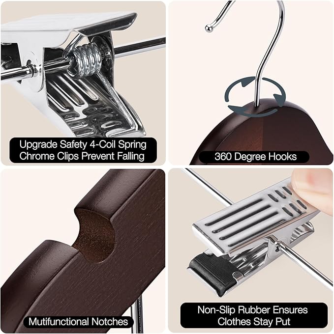 Wooden Hangers with Clips 24 PCS Pant Hangers with Clips, Smooth Solid Wooden - Image 2