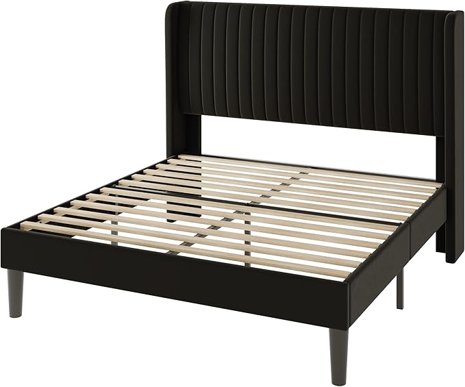 Allewie Queen Size Velvet Bed Frame/Vertical Channel Tufted Wingback - Image 9