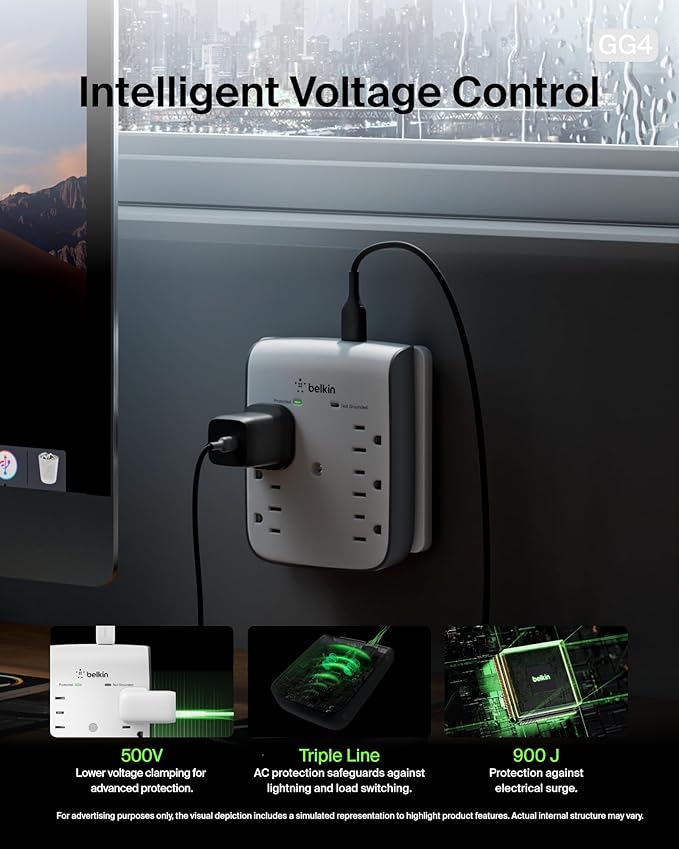 Belkin 6-Outlet Wall Surge Protector w/ 2 USB-A Ports, Wall-Mountable Surge - Image 4