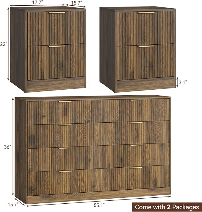 8 Drawer Dresser & Nightstand Set 3-Piece, 55” Wide Fluted Walnut Dresser and - Image 2