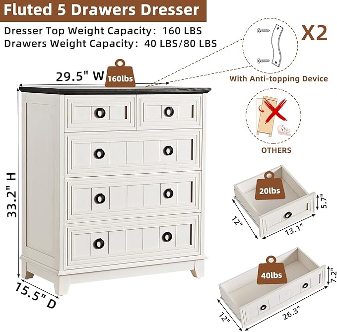 Farmhouse 5 Drawer Dresser for Bedroom, 33.2" Tall Small Dressers & Chest of - Image 2