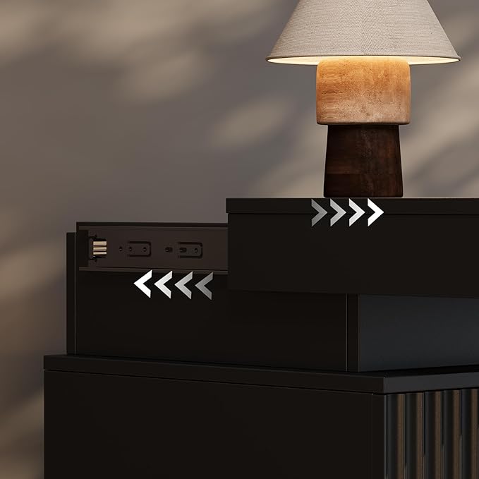 Black Nightstand with 3 Drawers and LED Light, Mid Century Modern Fluted Night - Image 6