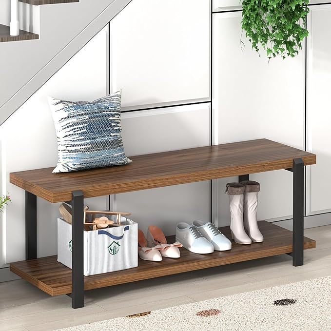 FOLUBAN Entryway Bench with Shoe Storage, Modern End of Bed Bench, Wood and - Image 6