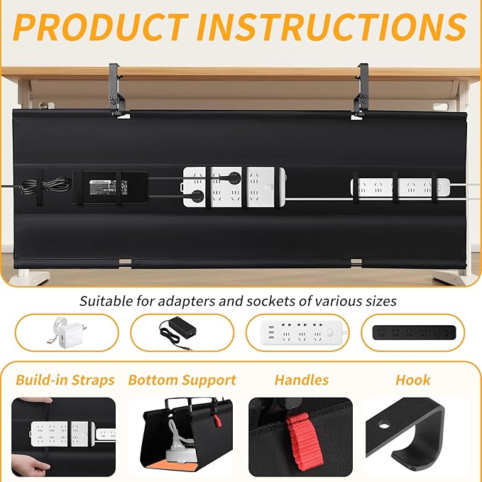 No Drill Under Desk Cable Management Tray, Fabric Cable Management - Image 5