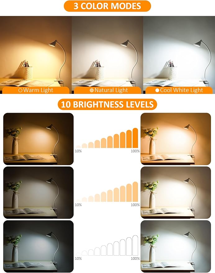Desk Lamp Clip on Light USB Reading Light 3 Color Modes 10 Dimmable Brightness - Image 2