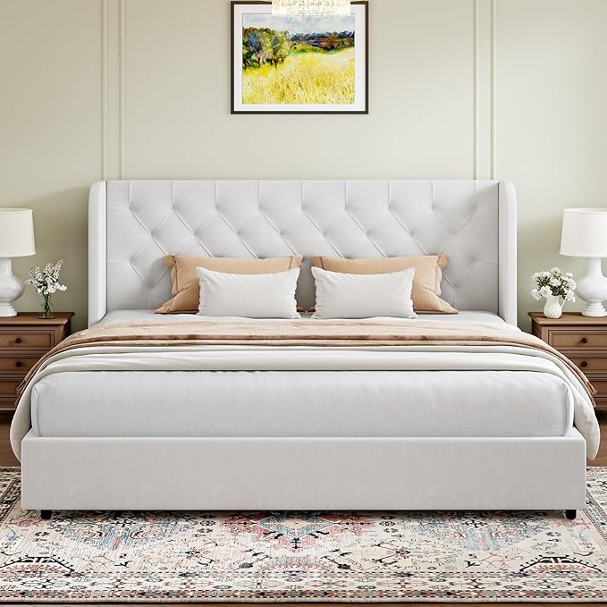 HOMBCK White King Bed Frame, Velvet Upholstered Platform Bed Frame - Image 3