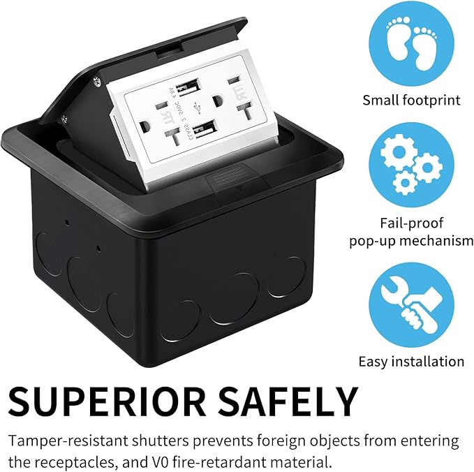 Vagueior Pop-Up Floor Box Kit, 4.8A USB Outlet, 20A Tamper-Resistant Receptacle - Image 6