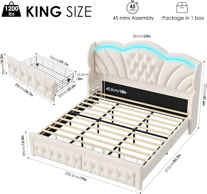 Keyluv King Bed Frame with LED Lights and 2 Storage Drawers, Velvet Upholstered - Image 2