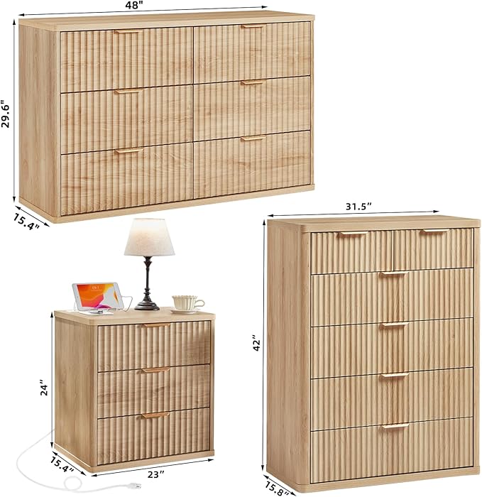 LEYAOYAO Fluted Dressers & Nightstand Set of 3, Wood 48" Wide Dresser & 42" - Image 3
