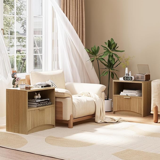 Fluted Nightstand Set of 2, MCM Mid Century Modern Bedside Tables - Image 3