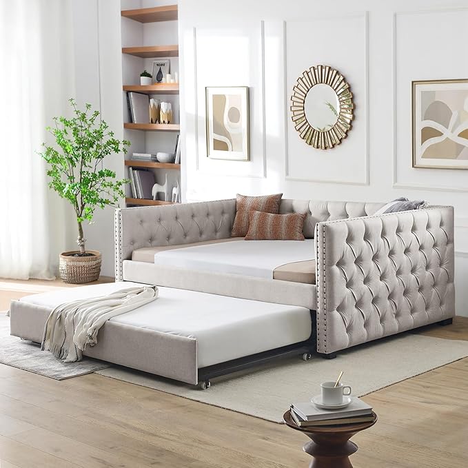 Antetek Daybed with Trundle, Modern Upholstered Full Size Button-Tufted Sofa by Antetek